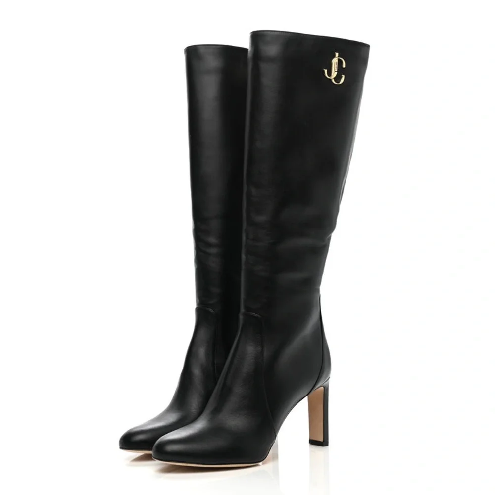 Jimmy choo black leather logo Knee high boots